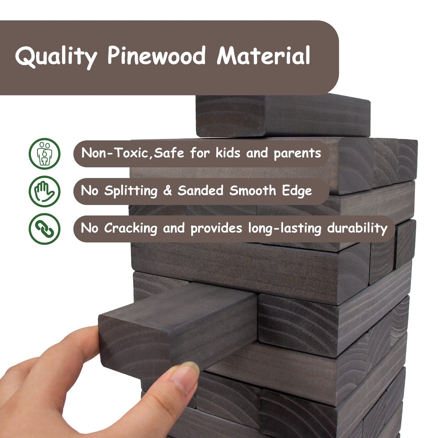 Juegoal Giant Tumble Tower Blocks Game - 54 Pieces, Large Wood Stacking Game, Grey, Includes Dice Set and Canvas Bag