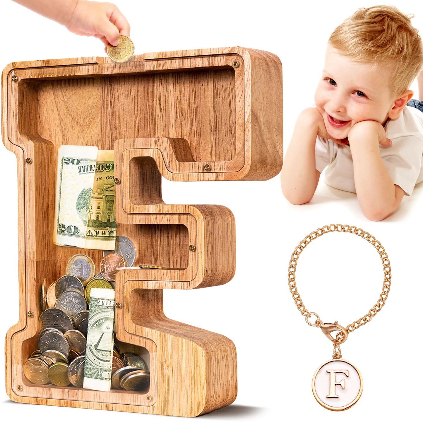 SummiDate Wooden Letter Piggy Bank| Piggy Bank for Boys Girls Toddler| Alphabet F Money Bank| Coin Bank Birthday Gift for Kids|Birthday Gift for Kids (F)