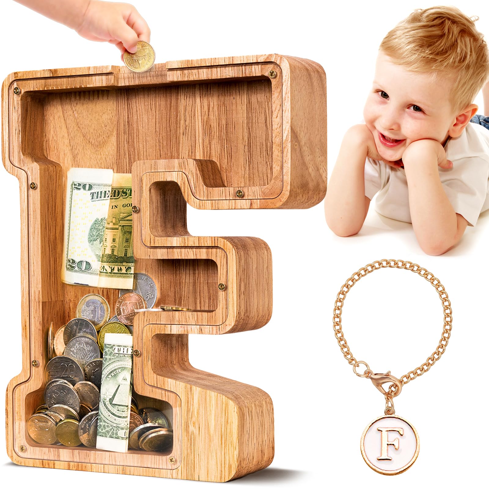 SummiDate Wooden Letter Piggy Bank| Piggy Bank for Boys Girls Toddler| Alphabet F Money Bank| Coin Bank Birthday Gift for Kids|Birthday Gift for Kids (F)