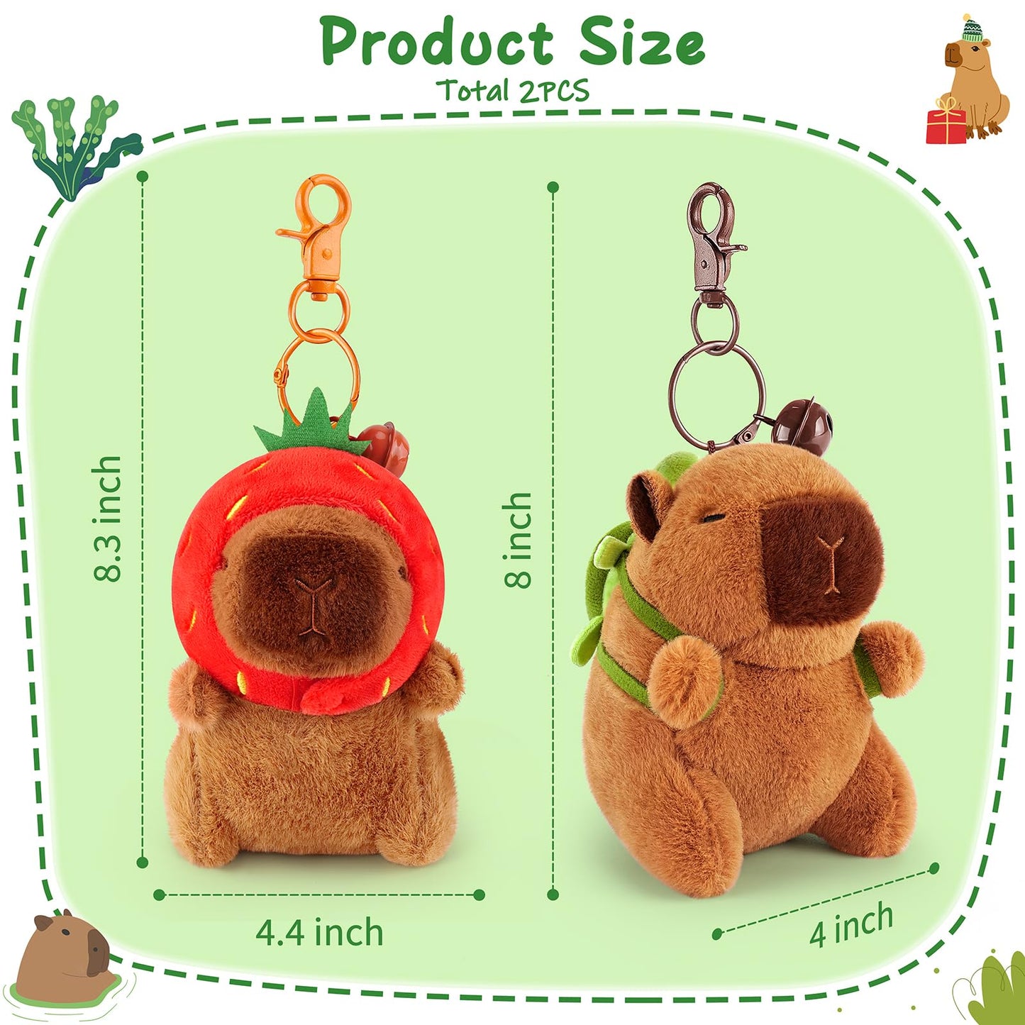 Achwishap Capybara Plush Keychain Set - Cute Brown Stuffed Animals, Turtle & Strawberry Hat, Soft Cotton Toys for Kids & Adults