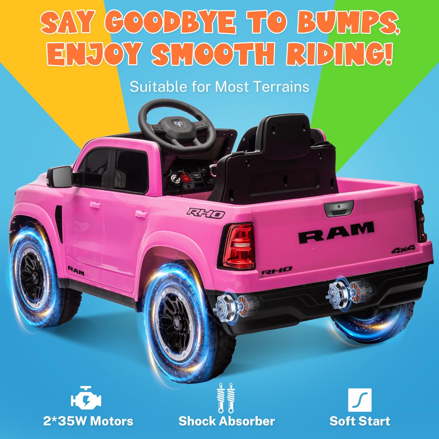 ENYOPRO 12V Ram 1500 Electric Ride On Truck for Kids, Remote Control Ride On Car for Toddlers, Electric Power Car w/4 Wheels Sho