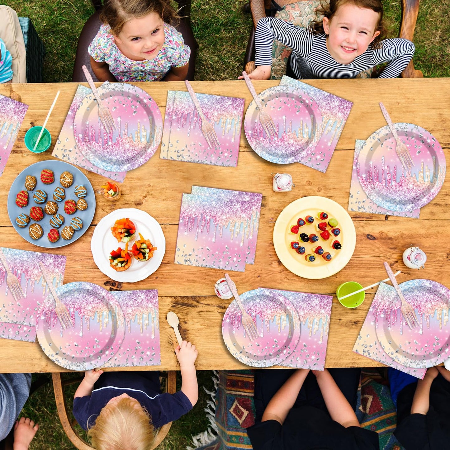 Qyeahkj 100Pcs Iridescent Diamond Birthday Party Plates Napkins Forks Supplies Set Holographic Tableware Party Supplies Gem Ston
