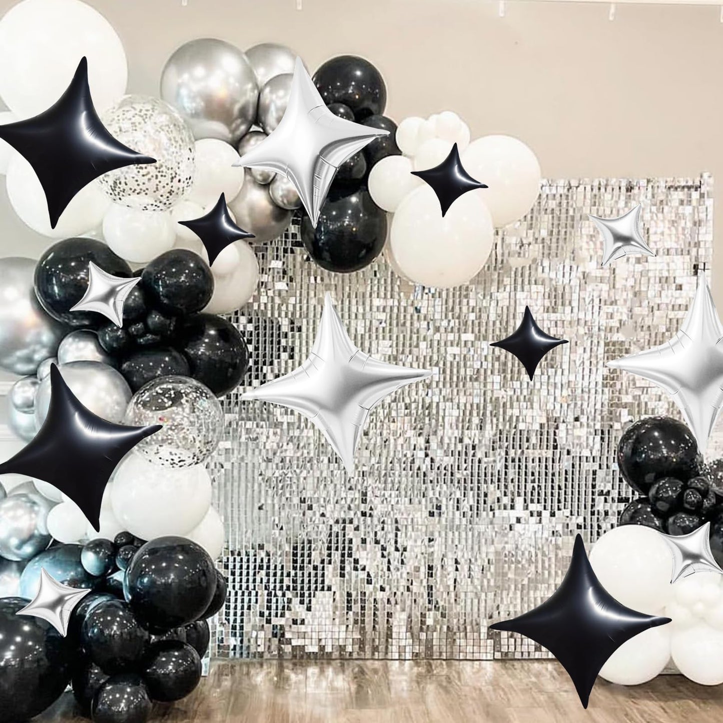 TONIFUL 30Pcs 26In&10In Star Balloons Black and Silver Four Pointed Foil Mini Star Mylar Balloons for Birthday Wedding Baby Show
