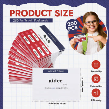 Resurhang 200 Pcs French Flashcards French Verb Conjugation Present Tense Flash Cards English French Flash Cards for mature-themeds Kids Study