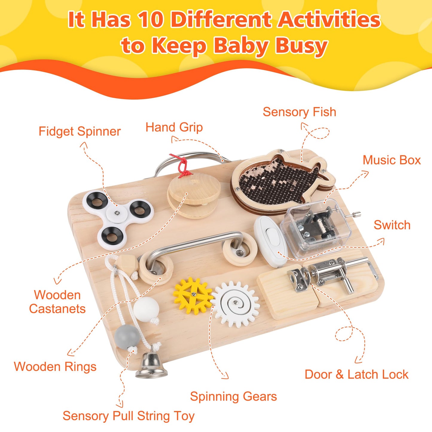 Pithfor Wooden Busy Board For Toddlers, Montessori Sensory Toys For 1 2 3 4 Year Old, Autism Sensory Toys For Kids Boys Girls, F