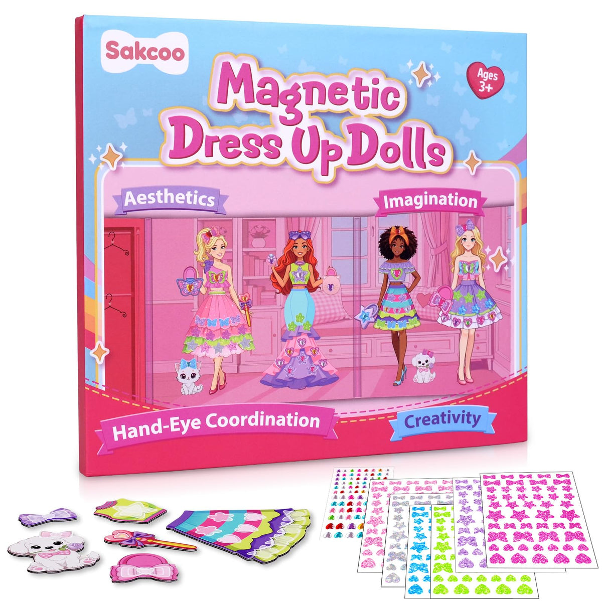 Sakcoo Magnetic DressUp Set for Girls | Pretend Play Fashion Toys with 4 Dolls, 4 Tops, 4 Skirts, 10 Accessories & 400 Stickers