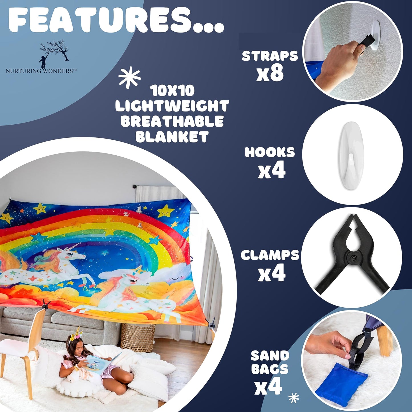 Fort Building Kit Blanket, X-Large 10' X 10' With Clips, Hooks And Sandbags, Play Blanket Fort Indoor Kit, Use As A Canopy, Play