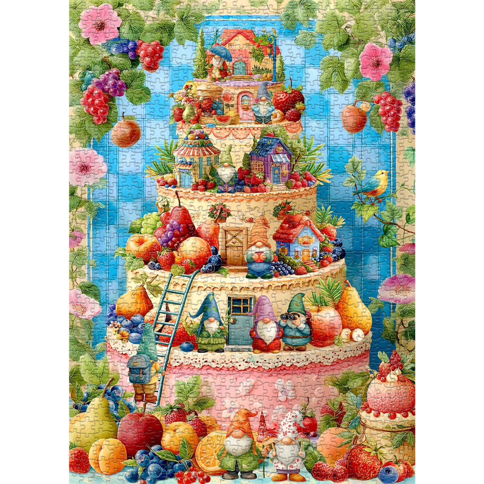 Funny Gnome Puzzles for Adults 1000 Pieces, Cute Gnomes Cake Food Fruit Flower Puzzle, Colorful Floral Challenge Jigsaw Puzzle