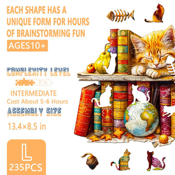 Wooden Puzzles for mature-themeds  Dreamy Tabby Cat Wooden Jigsaw Puzzles for mature-themeds  Library Kitten Wood Puzzles mature-themed  Unique Animal Shape  Gifts for Cat Lovers & Friends  Home Decor (L-13.4 * 8.5in-235pcs)