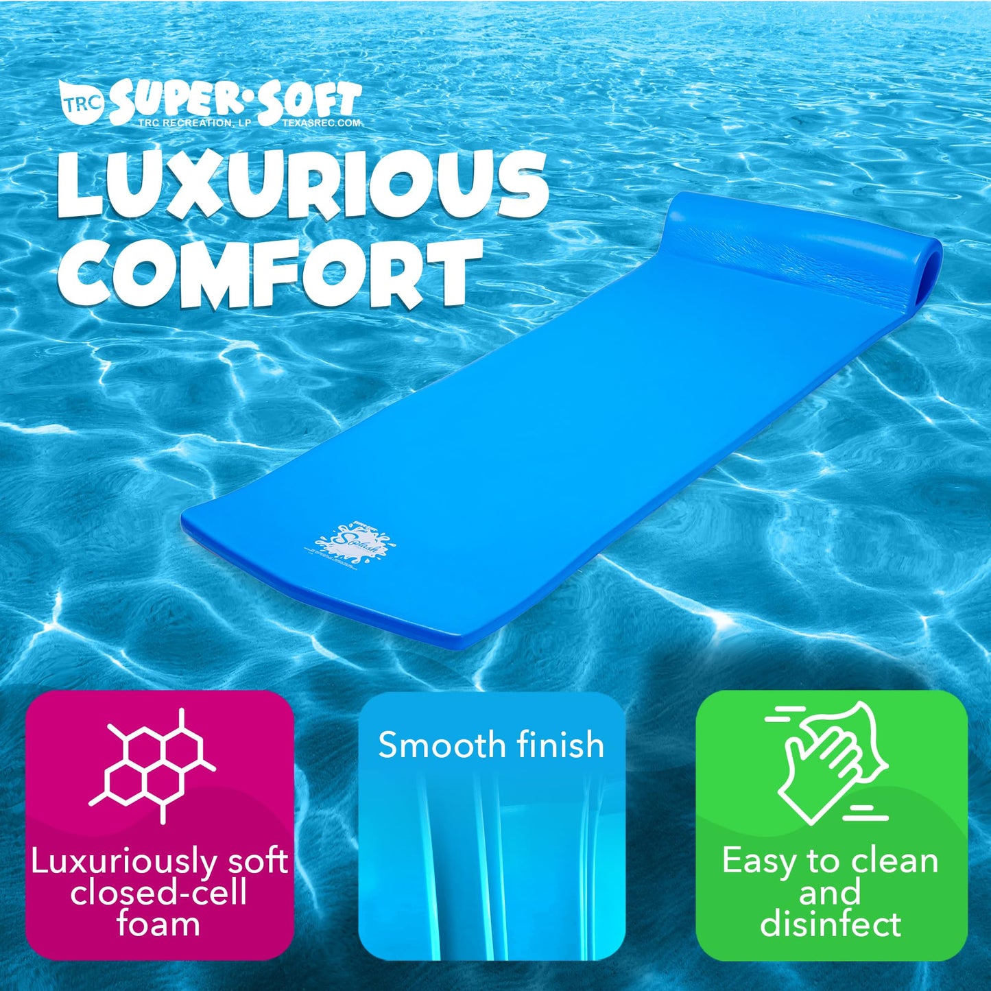 TRC Recreation Splash 1.25 Inch Thick Foam Swimming Pool Float Mat Large mature-themed Lounger with Built-In Roll Pillow  Bahama Blue