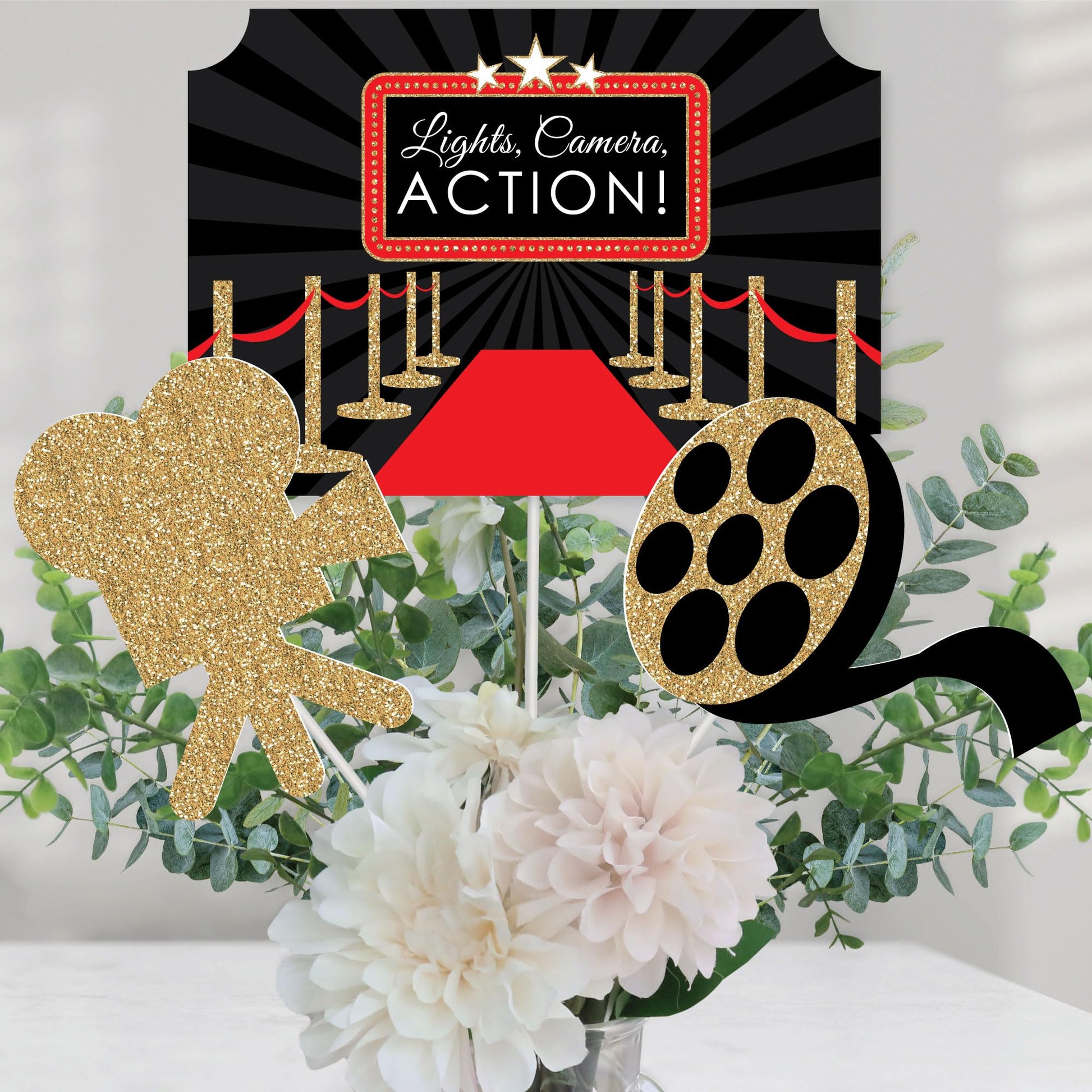 Big Dot of Happiness Red Carpet - Red Carpet Party Centerpiece Sticks - Movie Night Party Centerpiece Sticks - Table Toppers - Set of 15 -Like New