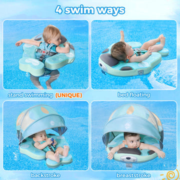 Mambobaby Float With Canopy Upf 50+ Sun Protection Pearl Foam Non-Inflatable Solid Baby Pool Float With Tail Mambo Float Swim Trainer Skin-Friendly Infant Swimming Ring For Baby 3-48 Months