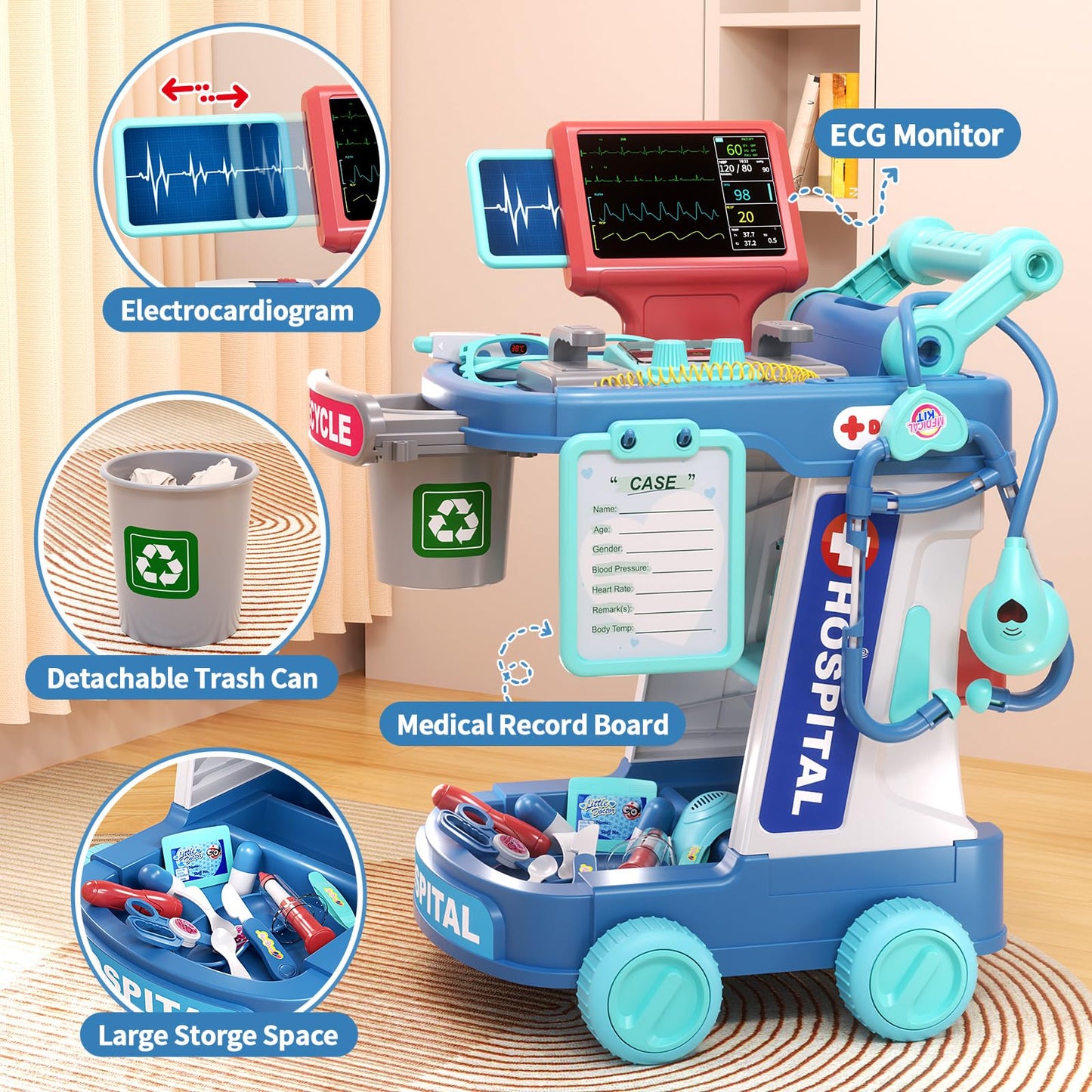 Doctor Kit for Kids, Pretend Doctor Playset for Toddlers with Cart, Costume and Stethoscope, Role Play Medical Toy for Girls Boy