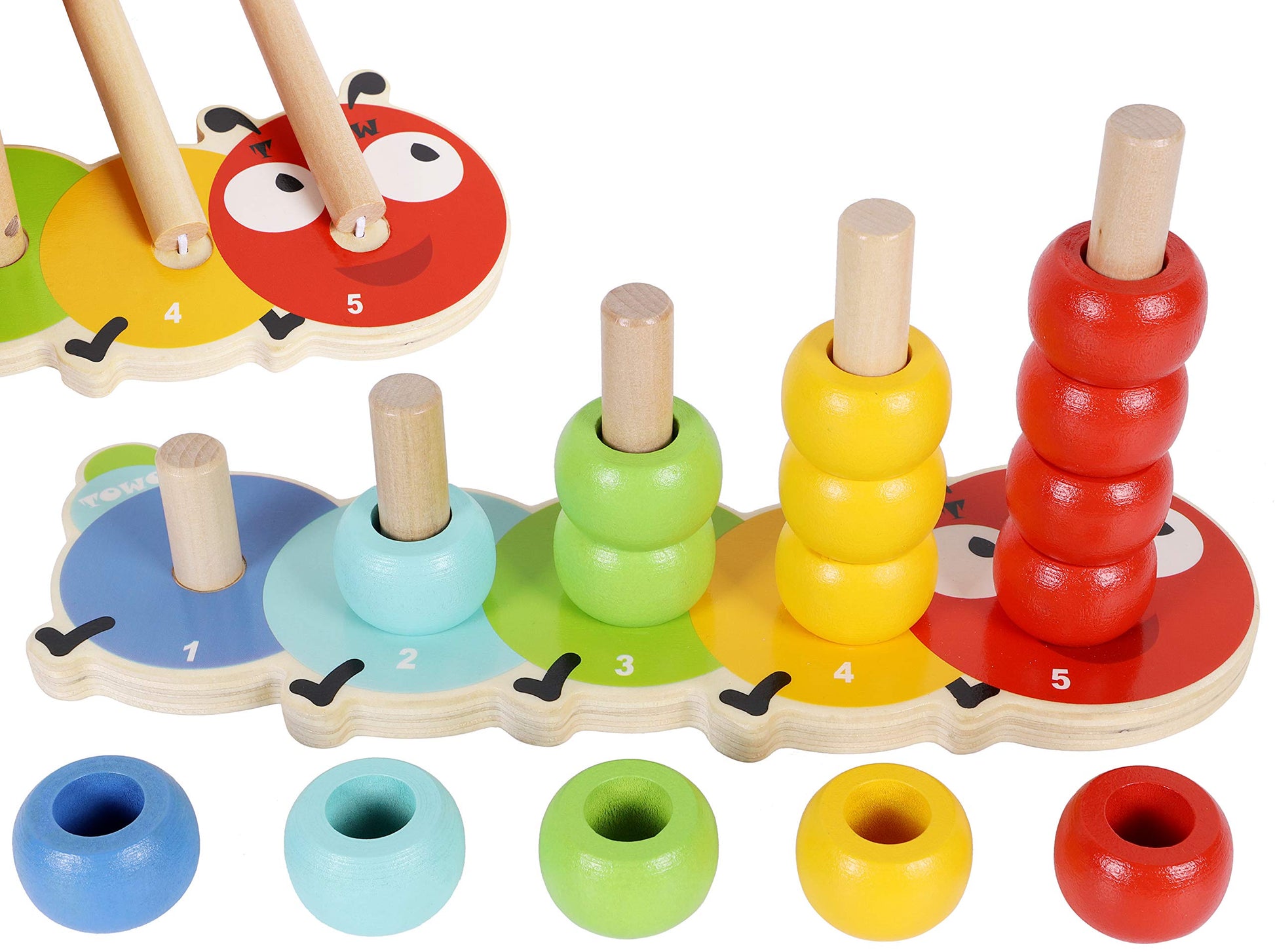 TOWO Wooden Stacking Rings Baby -Lovely Caterpillar Counting Game - Colour Sorting Puzzle - 5 Pegs Ring Stacker - Counting Rings Early Learning Wooden Toys for 1 Year Old Gift First Birthday Boy Girl