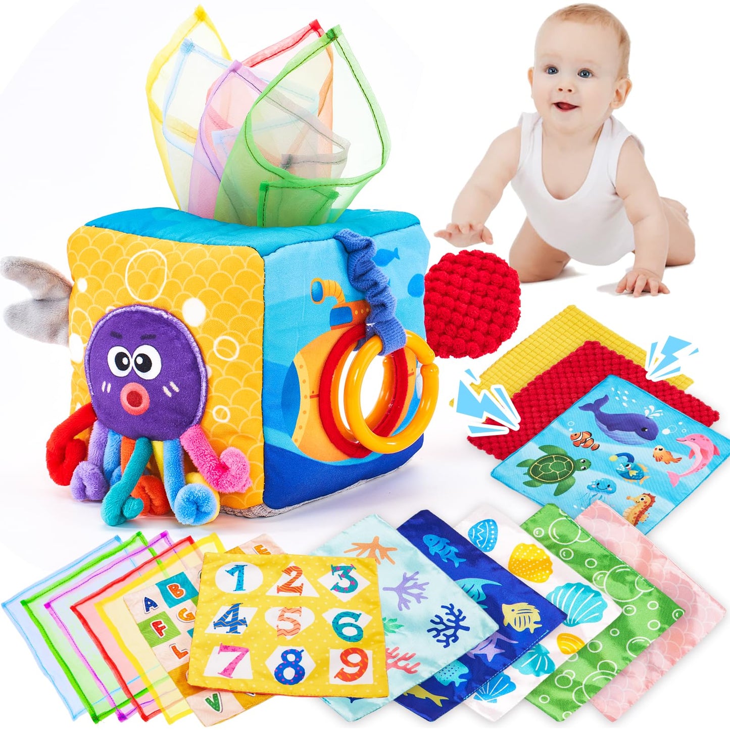 Hahaland Baby Tissue Box Toy - Baby Toys 6-12 Months Montessori Toys For 6 Month Old With Textured Tails, Cloth Tissues, Crinkle, Squeaky Sounds, Mirror - Easter Basket Stuffers For Babies Gifts