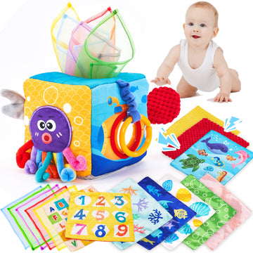 Hahaland Baby Tissue Box Toy - Baby Toys 6-12 Months Montessori Toys For 6 Month Old With Textured Tails, Cloth Tissues, Crinkle, Squeaky Sounds, Mirror - Easter Basket Stuffers For Babies Gifts