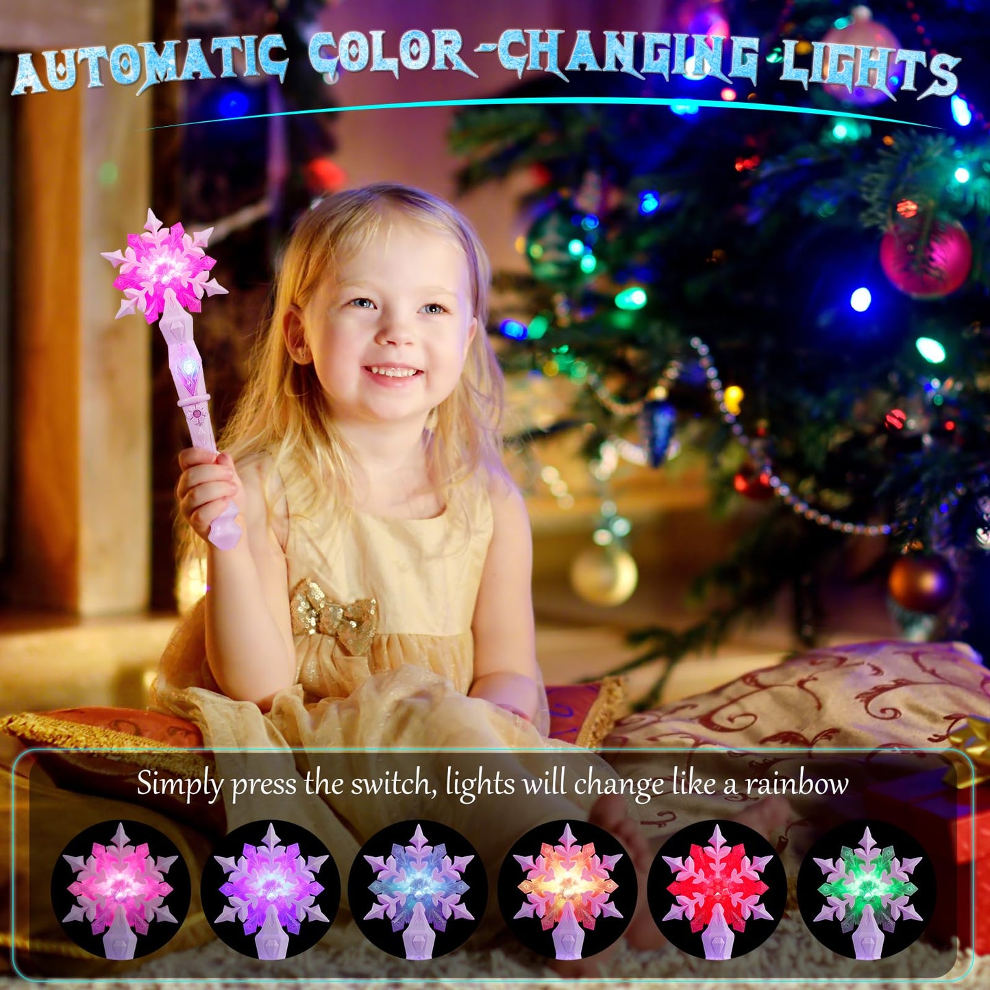 Enrichfun Light Up Frozen Snowflake Wand With Sound, Motion Sensitive Magic Princess Toys For Kids Girls Party Favors 4 Pieces,