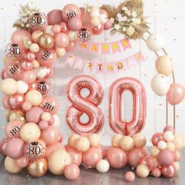 80Th Birthday Decorations For Women,Rose Gold 80Th Birthday Balloon Arch Garland Kit With Happy 80Th Birthday Number 80 Foil Bal