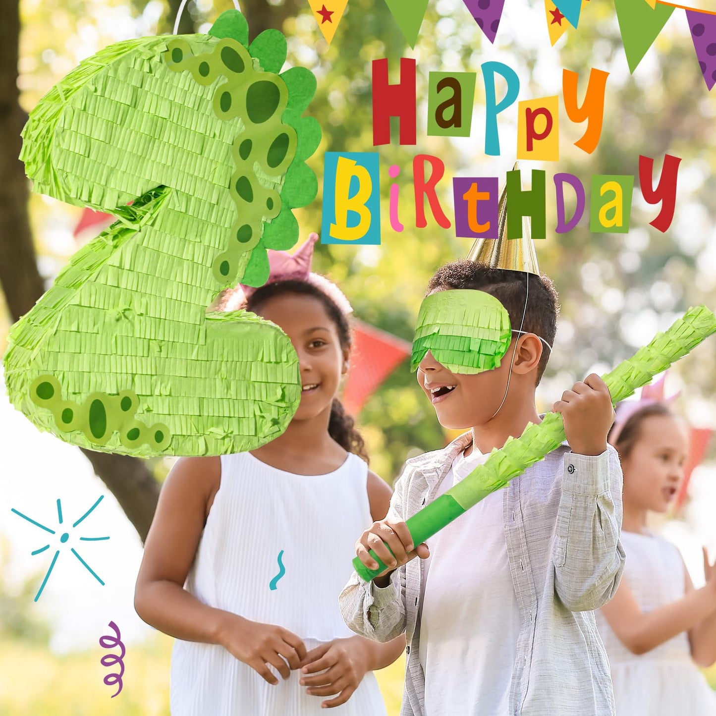 Poen 16 Inch Dinosaur Piata Number Piata for Boys Birthday Party Supplies with Bat and Eye Mask - Dino Decorations, Animal Theme