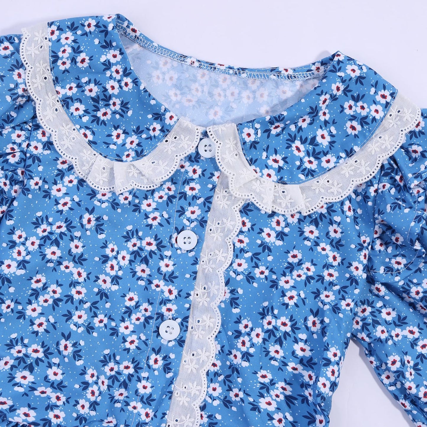 Rayekrot Girls Pioneer Costume Girls Colonial Costume Kids Floral Prairie Dress with Apron and Bonnet Blue (10-12 Years)