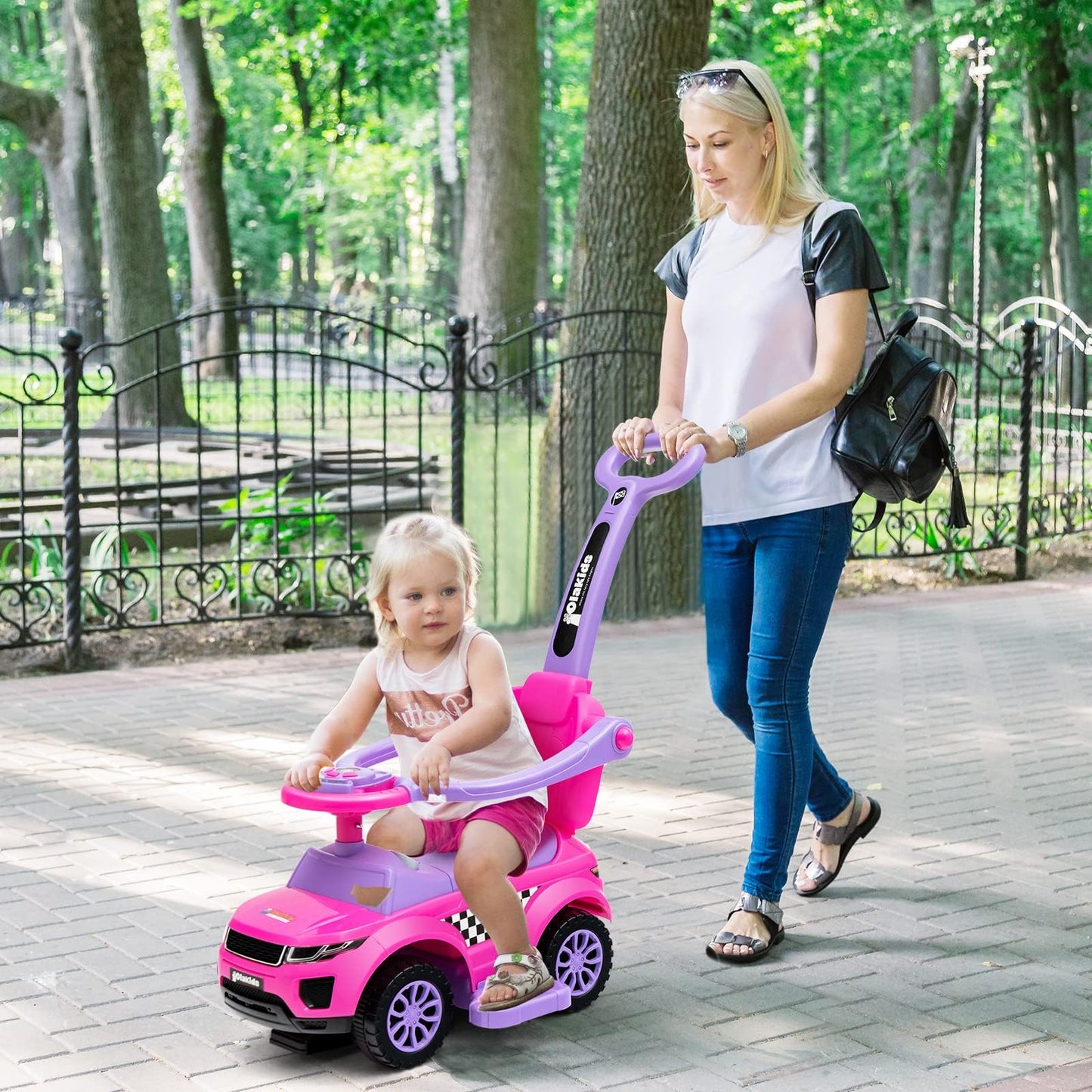 Olakids 4 In 1 Ride On Push Car, Toddlers Stroller Sliding Walking With Horn, Music, Lights, Removable Guardrails And Handle, Underneath Storage, Baby Foot-To-Floor Walker Boys Girls (Pink)