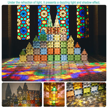 Bubuqe Magnetic Tiles Diamond Series With Lights 4 Pull-Back Metal Cars&7 Airplanes Magnet Tiles Building Block Toy For Kids Edu
