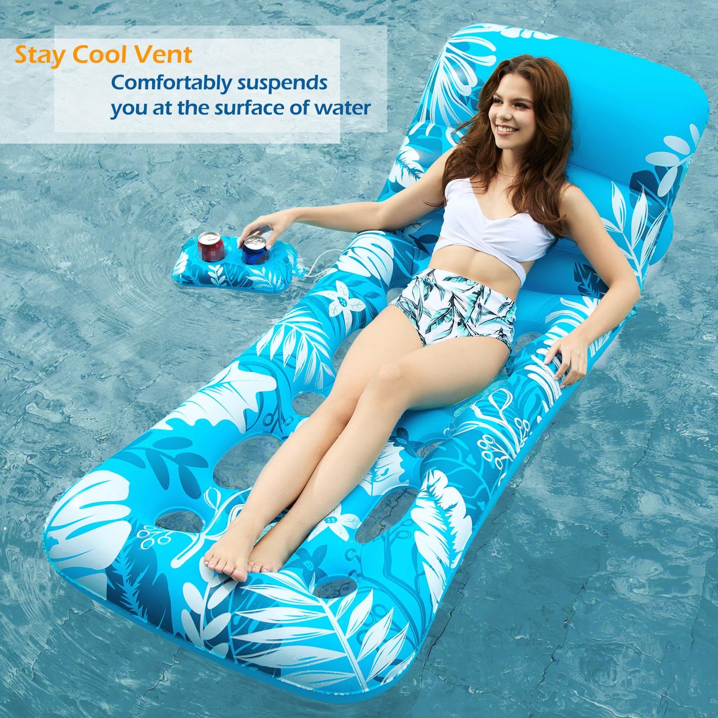 Jasonwell Inflatable Pool Float Adult - Large Blue Vinyl Lounger with Adjustable Backrest & Cup Holders, Model CPLF-190D