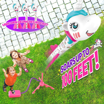 Yotoy Unicorn Rocket Launcher For Kids - Fun Outdoor Toys Launch Of Up To 100 Ft, 3 Unicorn Rockets, Gifts For 3 4 5 6 7 Years O