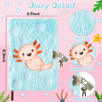 CY2SIDE 6PCS Axolotl Diary with Lock and Keys for Kids, Axolotl Plush Secret Journal Diary Journal Set Included Scrapbook Pen St