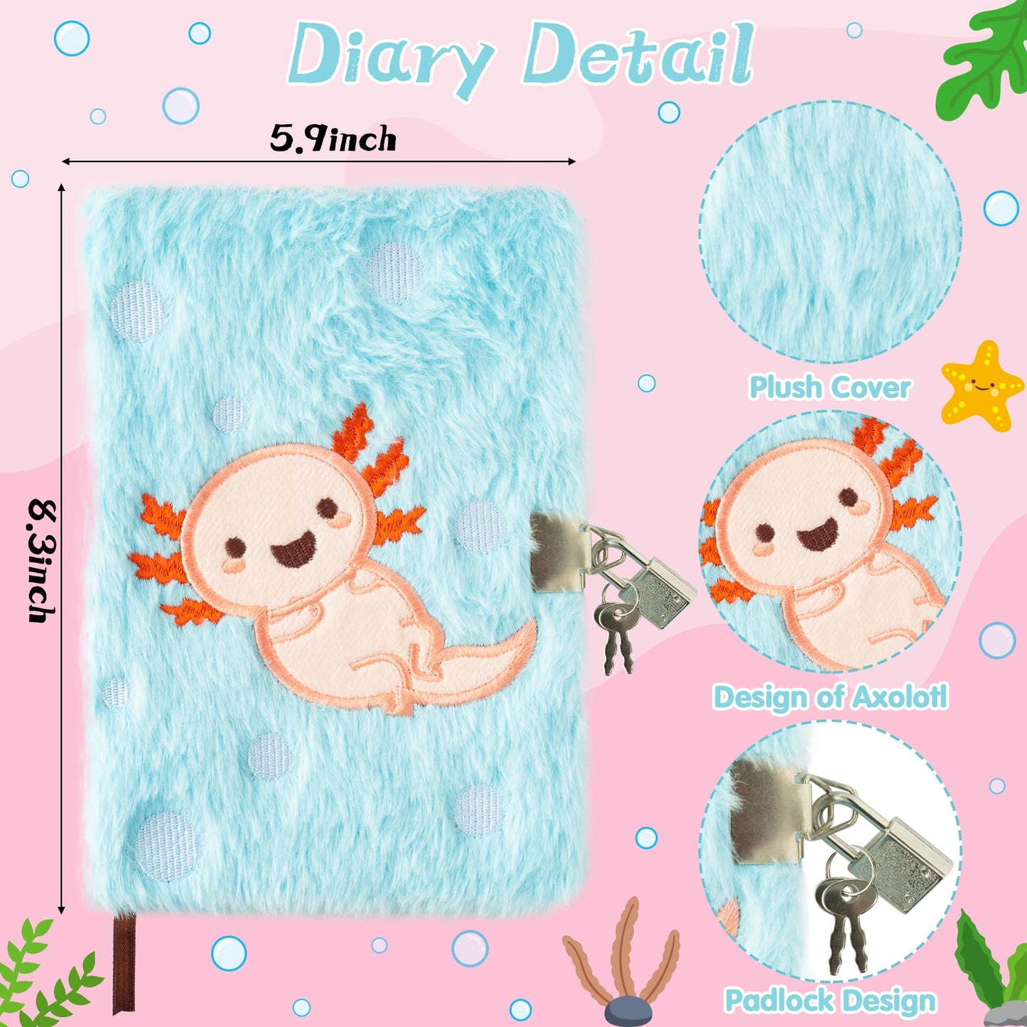 CY2SIDE 6PCS Axolotl Diary with Lock and Keys for Kids, Axolotl Plush Secret Journal Diary Journal Set Included Scrapbook Pen St