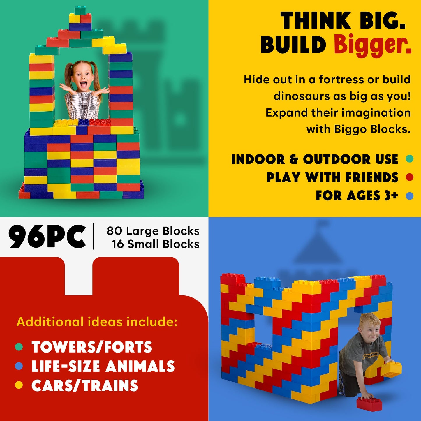 Biggoblocks Big Blocks For Kids Ages 4-8, Indoor & Outdoor Blocks For Kids Jumbo Games, Large Building Blocks (96 Pc) Standard S