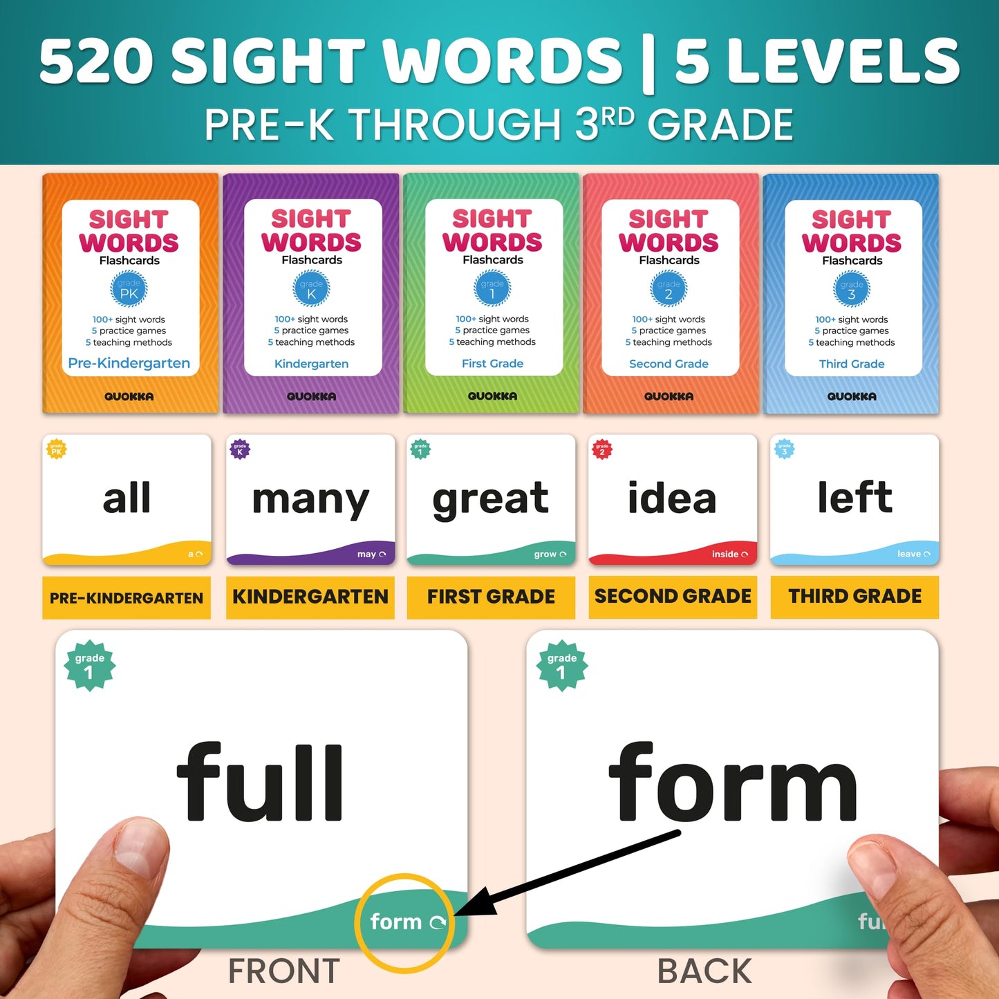 Quokka 520 Sight Words Flash Cards For Kids Adults - Based On Dolch & Fry High Frequency Word Lists - Pre-K To 3Rd Grade - 5 Lev