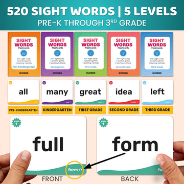 Quokka 520 Sight Words Flash Cards For Kids Adults - Based On Dolch & Fry High Frequency Word Lists - Pre-K To 3Rd Grade - 5 Lev