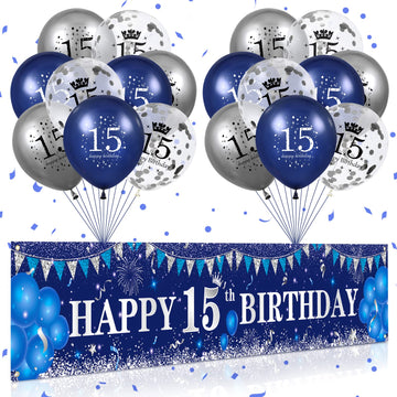 Blue 15Th Birthday Decorations For Boys Girls, Navy Blue Silver Happy 15Th Birthday Yard Banner And 15Th Birthday Balloons For 15Th Birthday Anniversary Party Supplies