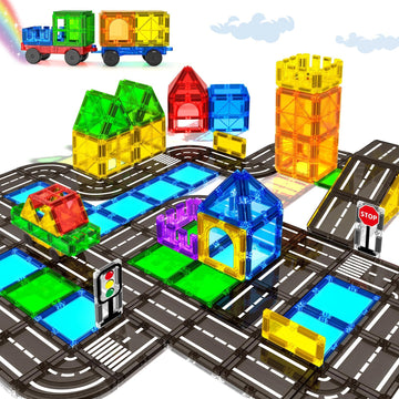 Magnetic Tiles Road Sets With Car, Magnetic Building Blocks Toys For 3+ Year Old Boys Girls, Montessori Magnet Kids Toys, Construction Toys For Ages 3 4 5 6 7 8 Christmas Birthday Gifts For Toddlers