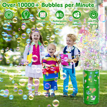 PANACARE Bubble Machine for Kids  Bubble Blower 10000+ Bubble per Min/Lights/DIY Stickers/Rechargeable battery/80ml Solution Automatic Bubble Toy for Kids Summer Outdoor Party Wedding