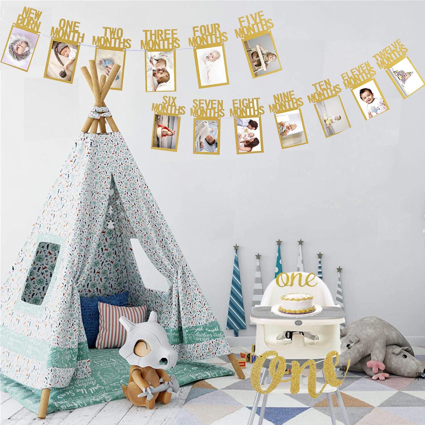 1St Birthday Baby Photo Banner For Newborn To 12 Months, With High Chair Banner, Monthly Milestone Photograph Bunting Garland Fi