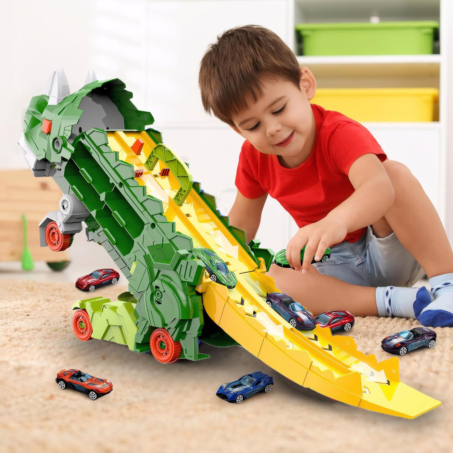 Hacocola Dinosaur Transporter Truck Foldable Sliding Race Track Toy With 8 Toy Cars For Kids Age 3 4 5 6 7 8 (Green)