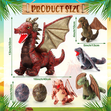 Deekin 7 Pcs Dragon Toy Set - 16 Large Stuffed Animal with 4 Baby Plush & 2 Eggs - Retro Dinosaur Gifts for Boys & Girls