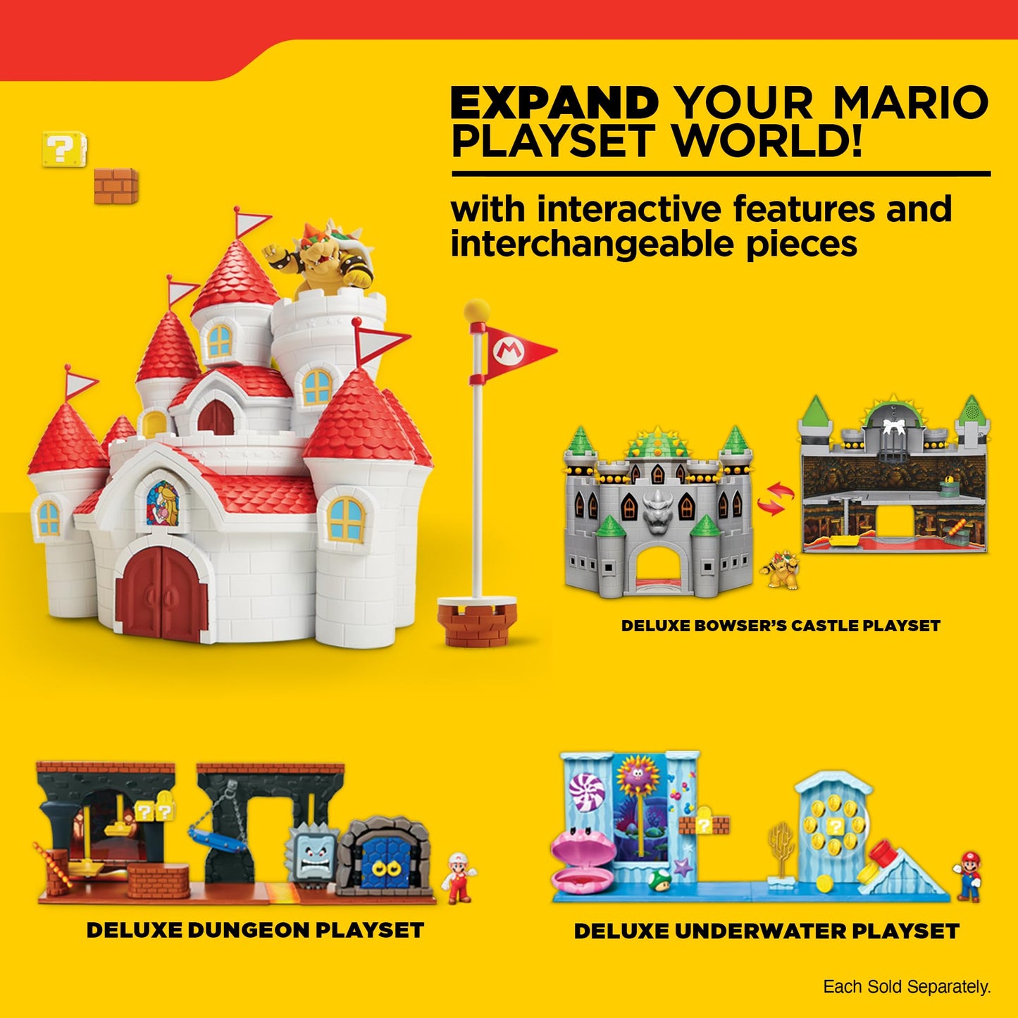 JAKKS Pacific Super Mario Deluxe Mushroom Kingdom Castle Playset with 5 Figures, 2.5" Size, Plastic, Model 70843-1-SOC