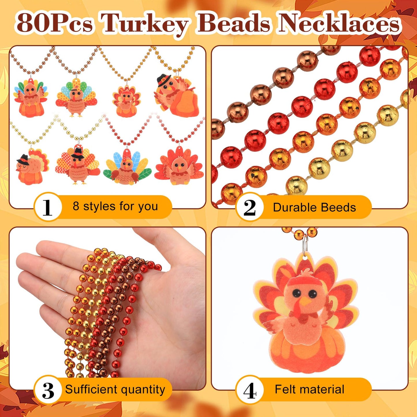 Knitgrip 80 Pieces Thanksgiving Turkey Beads Necklaces Bulk Turkey Pendant Beads Necklaces 32 Inch Party Holiday Pendants for We