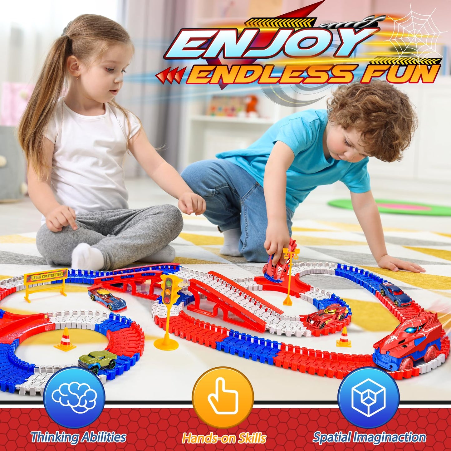 Aetyni Spider Toys for Boys 3-4: 251 PCS Spider Race Track with 5 Alloy Cars Toys for 3 4 5 6 Year Old Boys Car Tracks for Kids