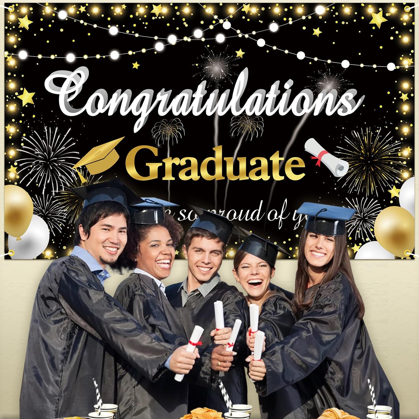 Graduation Backdrop 2024 Congrats Grad Banner Black Gold Graduation Banner.Class of 2024 Graduation Decorations Photography Back