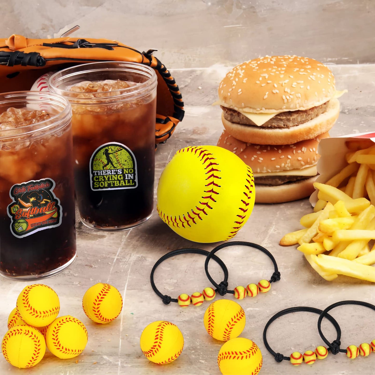 74 PCS Softball Party Favors Softball Charm Bracelets Sports Softball 1.6Foam Ball 50 Softball Stickers Decorations Softball Wri