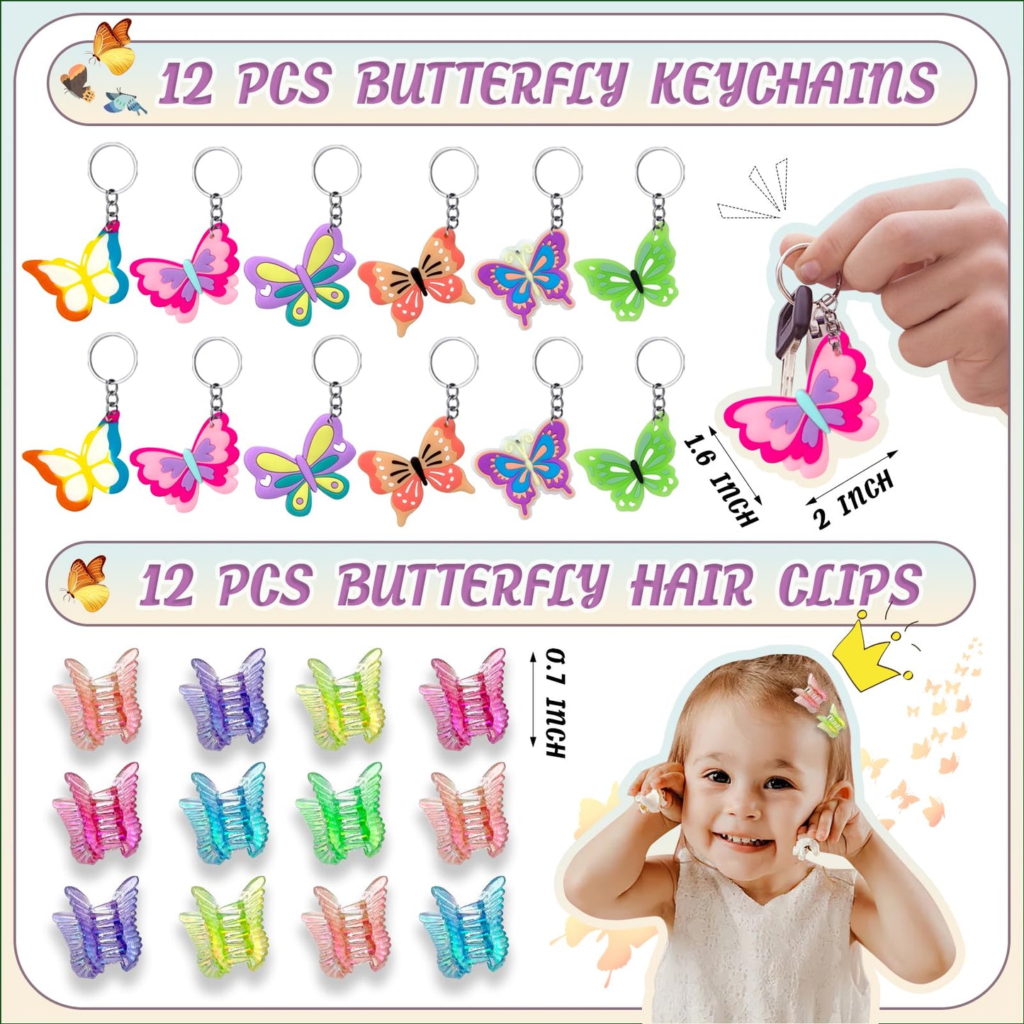 Joyvorite 144 Pcs Butterfly Party Favors Set with Butterfly Straws Keychains Slap Bracelet Tattoo Stickers Wristbands Hair clips