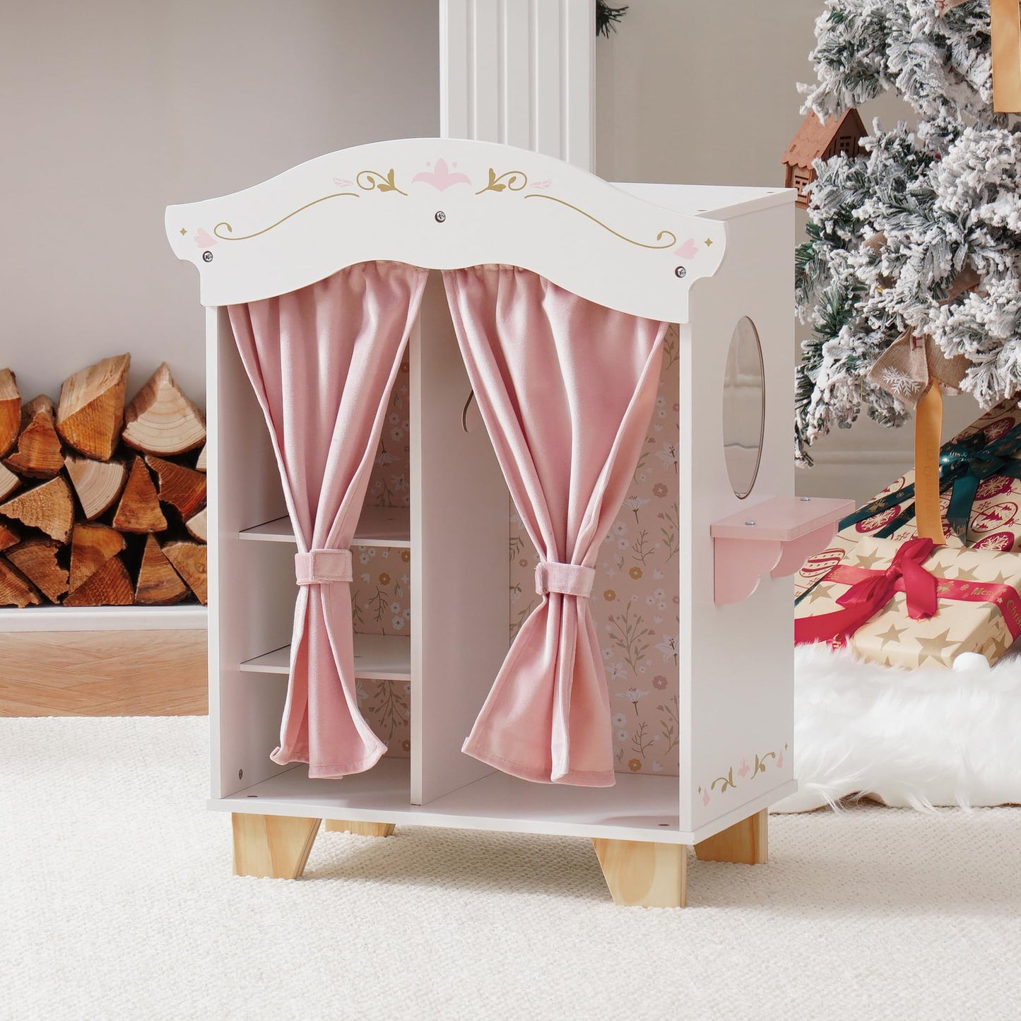 Robud Wooden Play Armoire Closet For Dolls, Doll Closet Furniture Wardrobe With 5 Hangers, Mirror, Velvet Curtains, Fit For 16-20In American Girl Doll Clothes, Gift For Boys & Girls, 3+