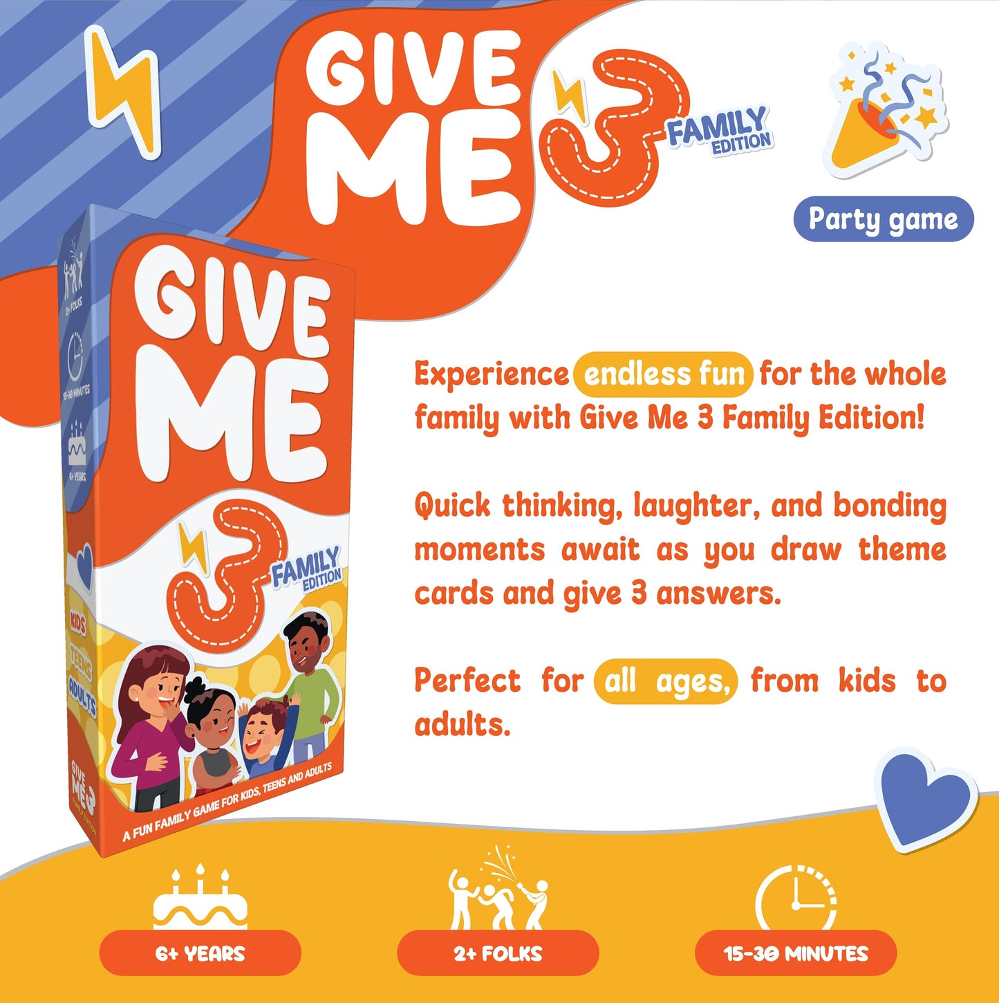 SAVANA GIVE ME 3 Family Edition - Award Winning Fast Paced and Hilarious Party Game | 10 Second Rule Card Game for Kids  Teens and mature-themeds | Easy to Learn  15-Minute Round | 2+ Players - Age 6+