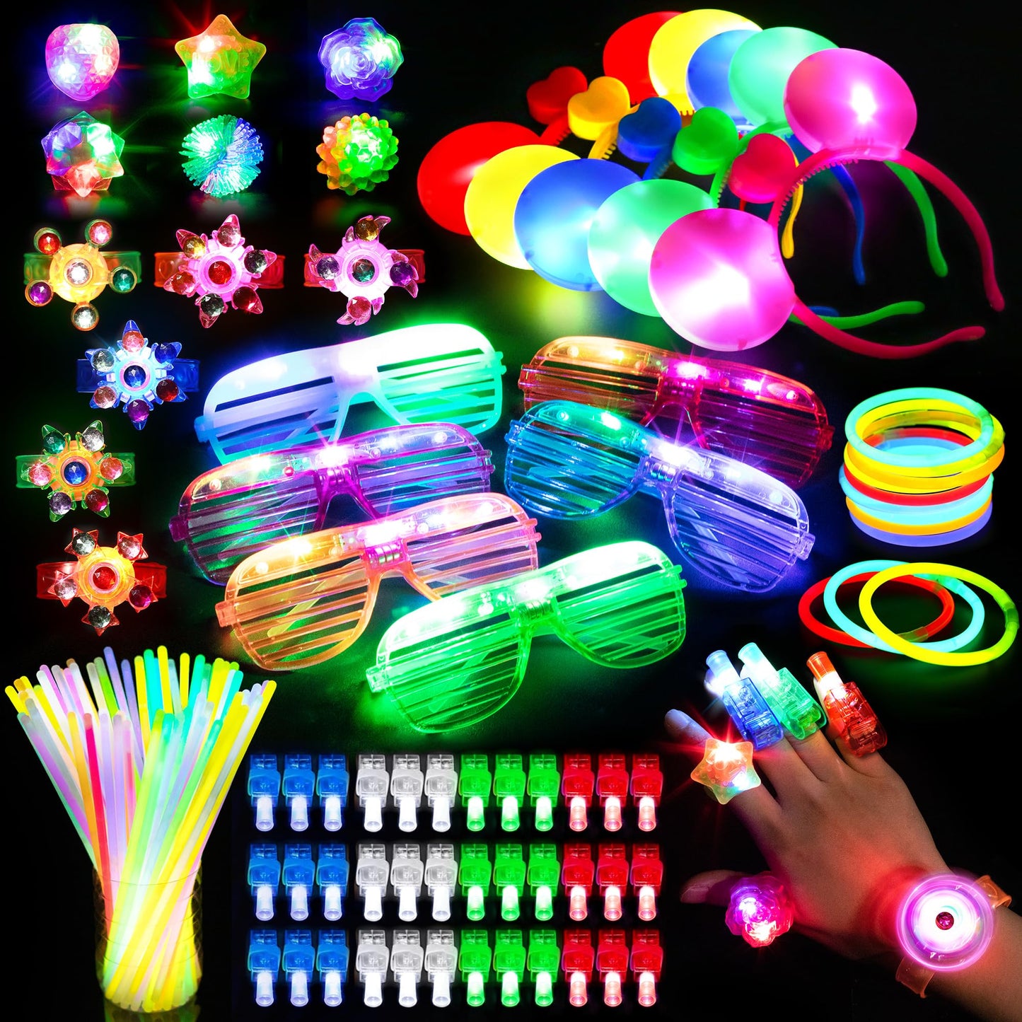 Mocoosy 103Pcs Glow in the Dark Party Supplies, Light Up Party Favors for Kids LED Neon Toys Bulk Party Pack With Glow Sticks,Le
