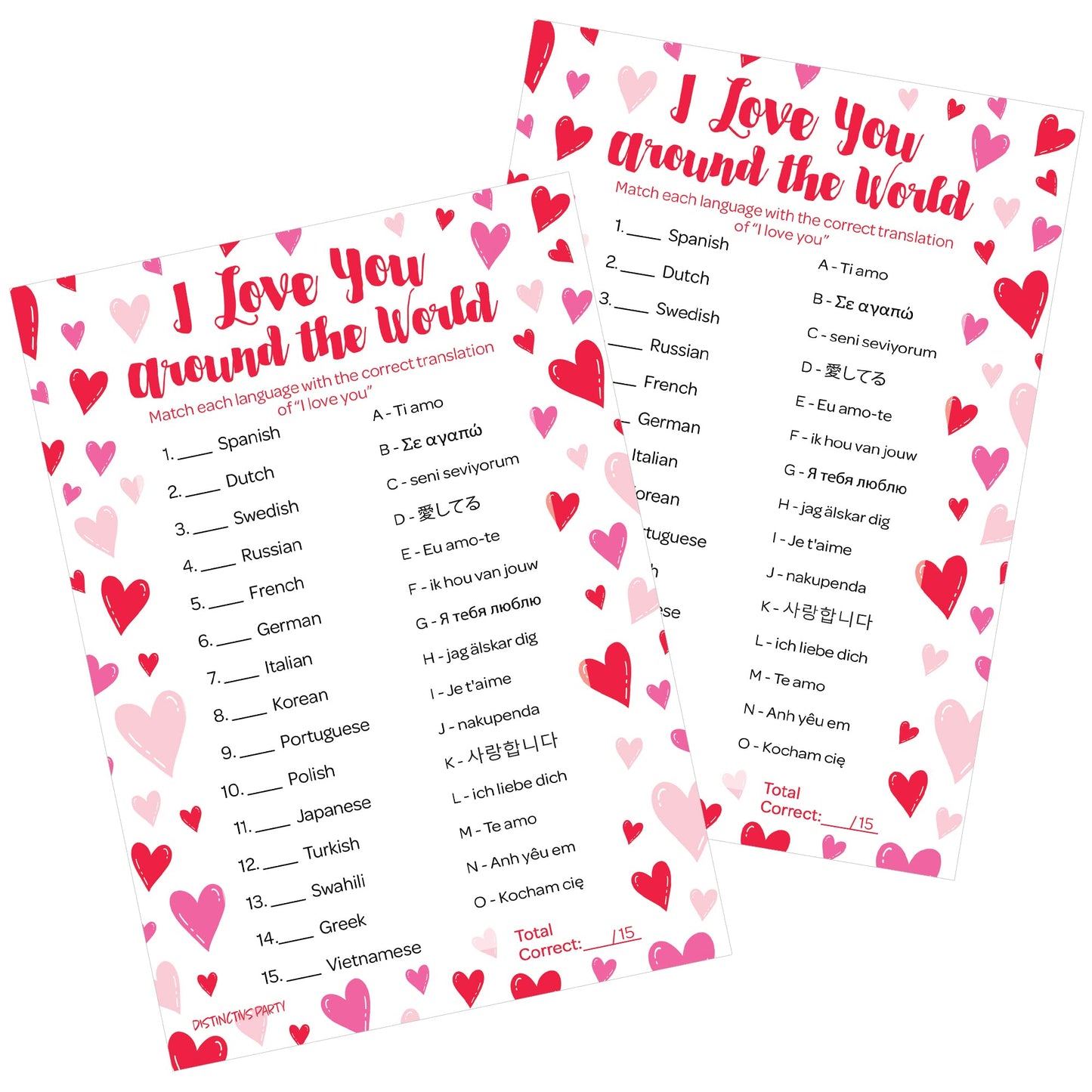 DISTINCTIVS Valentine’s Day Game - 25 Player Cards, Educational Language Matching, Red & Pink, Model GAM-HOL-V06-b