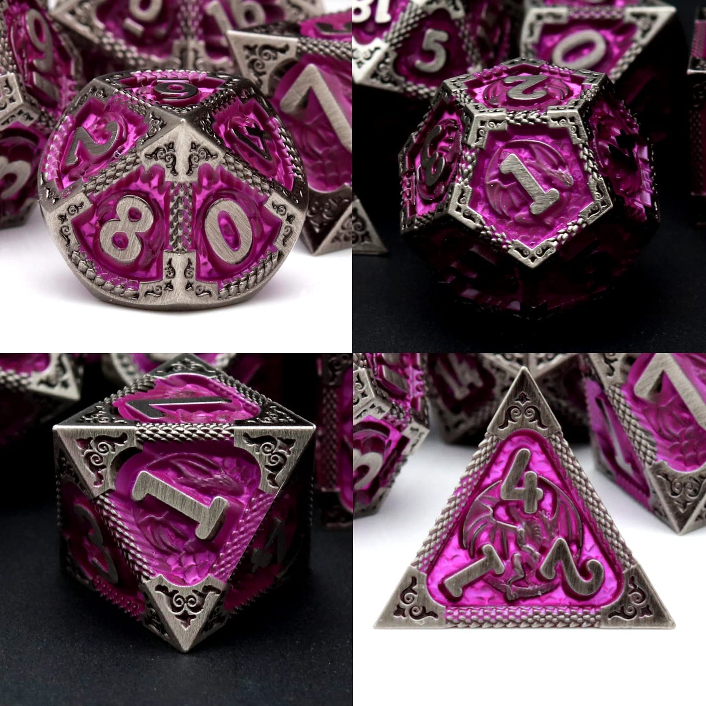 Pjoy Metal Dnd Dice Set With Dice Case Antique Silver Purple Dragon D&D Polyhedral Dice For Rpg Role Playing Games Dungeons And